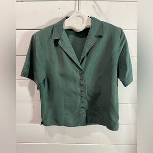 💚 JACOB – Green -Vintage 100% Silk Blouse with Shoulder Pads – Size M